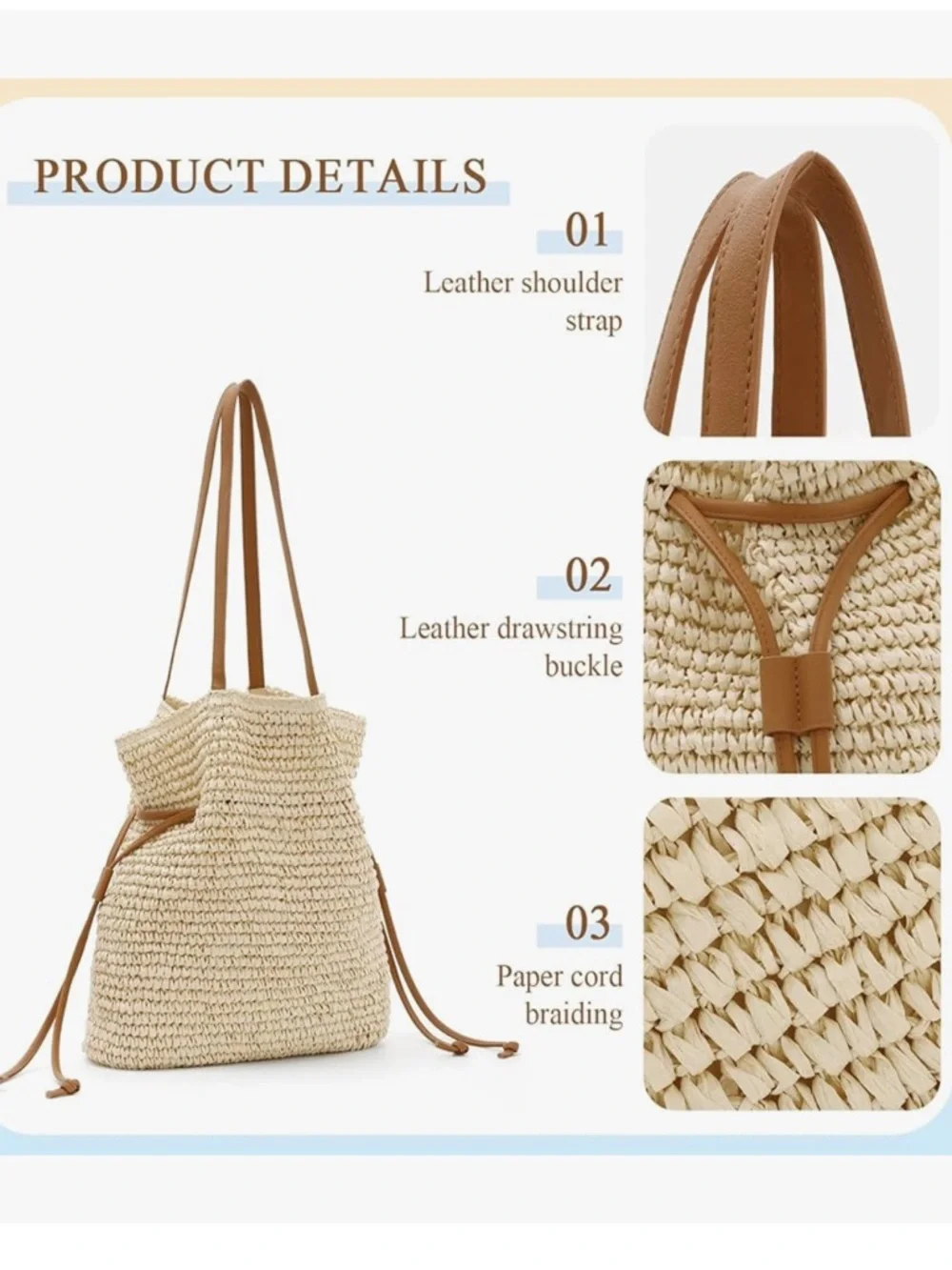 Women's Straw Bags Woven Summer Handbag Beach Tote Purses Drawstring
